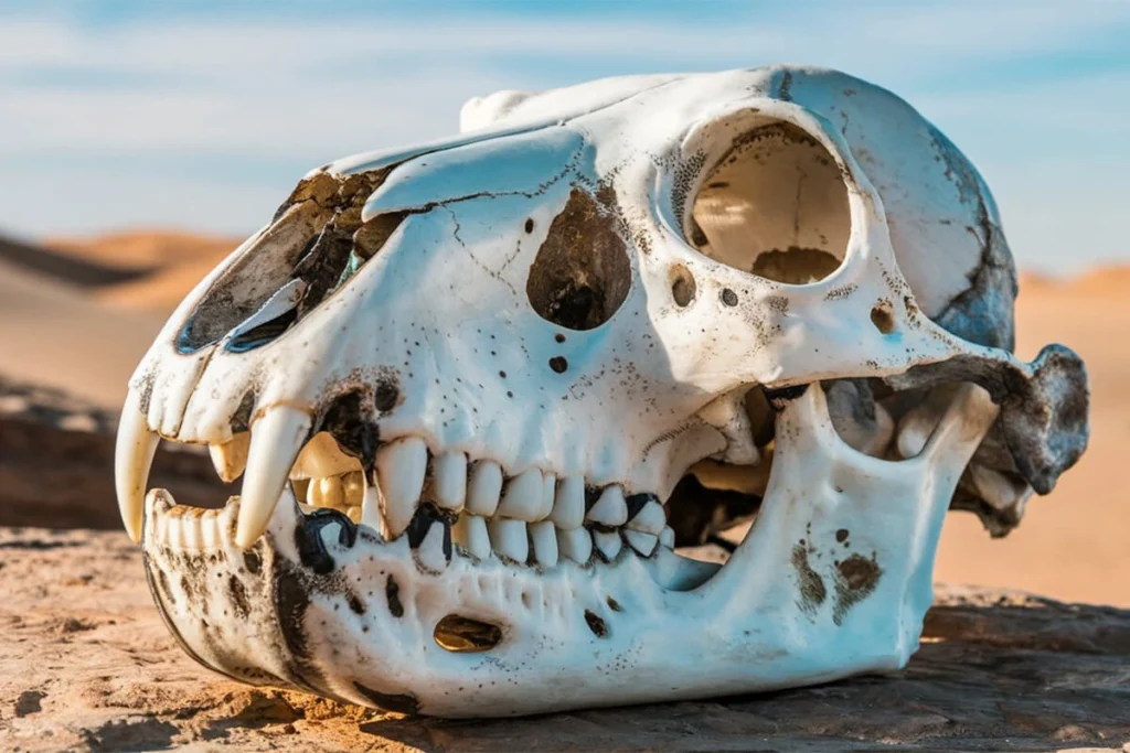  A close-up, side-view of a white dog skull against a desert background. The skull is detailed, showing teeth, eye sockets, and weathered marks