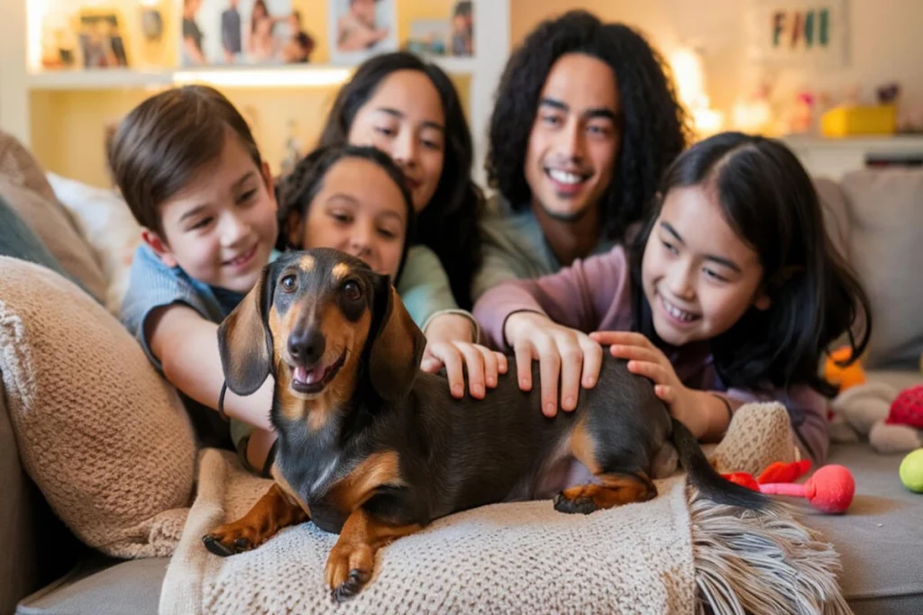 Family with four kids cuddling a mini dachshund puppy on a couch.