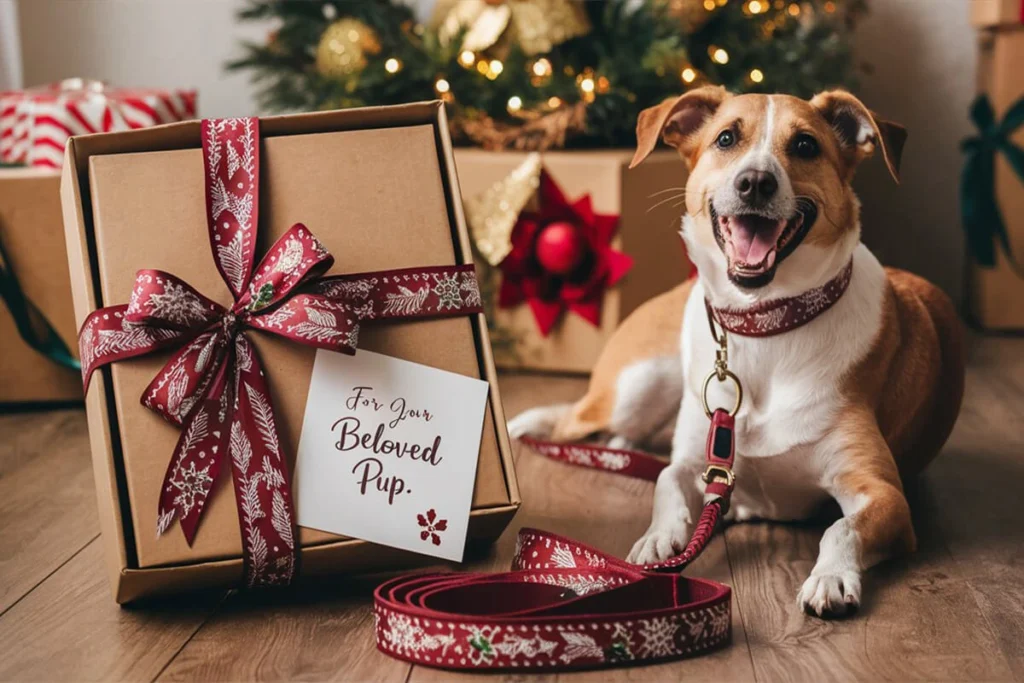 Happy dog sitting beside a Christmas present box with a red and white ribbon and a tag that says "For Your Beloved Pup