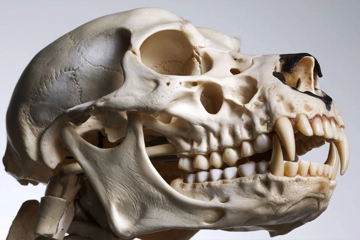 A profile view of a clean, white dog skull against a gray background. The skull exhibits a full set of teeth and a well-defined jawline.