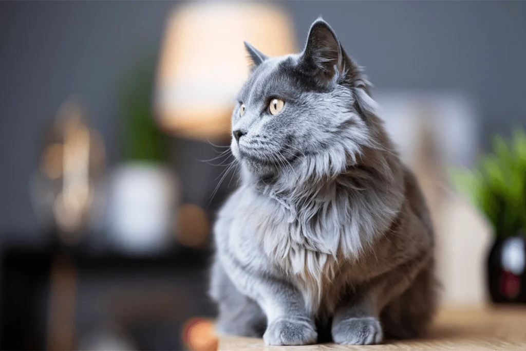 A fluffy Russian Blue cat with golden eyes sitting on a wooden surface, looking off to the left with a soft-focused background.