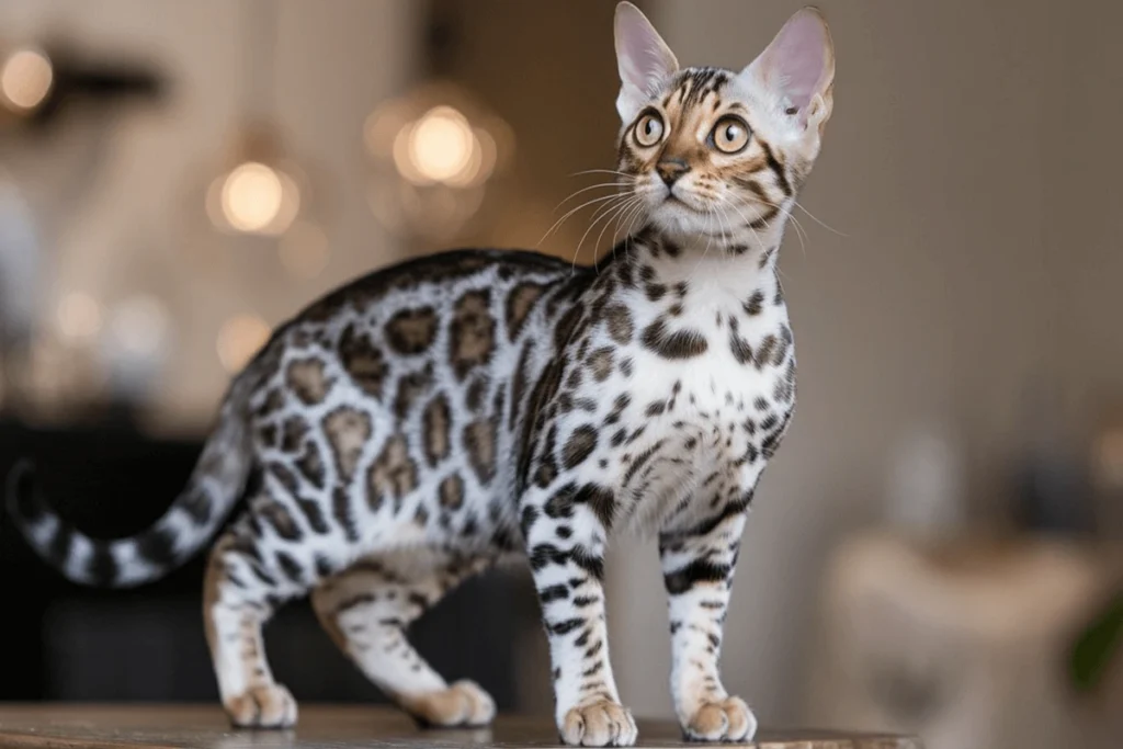 A Bengal cat with a spotted coat standing on a wooden table with a blurred light background one of the best Hypoallergenic Cats