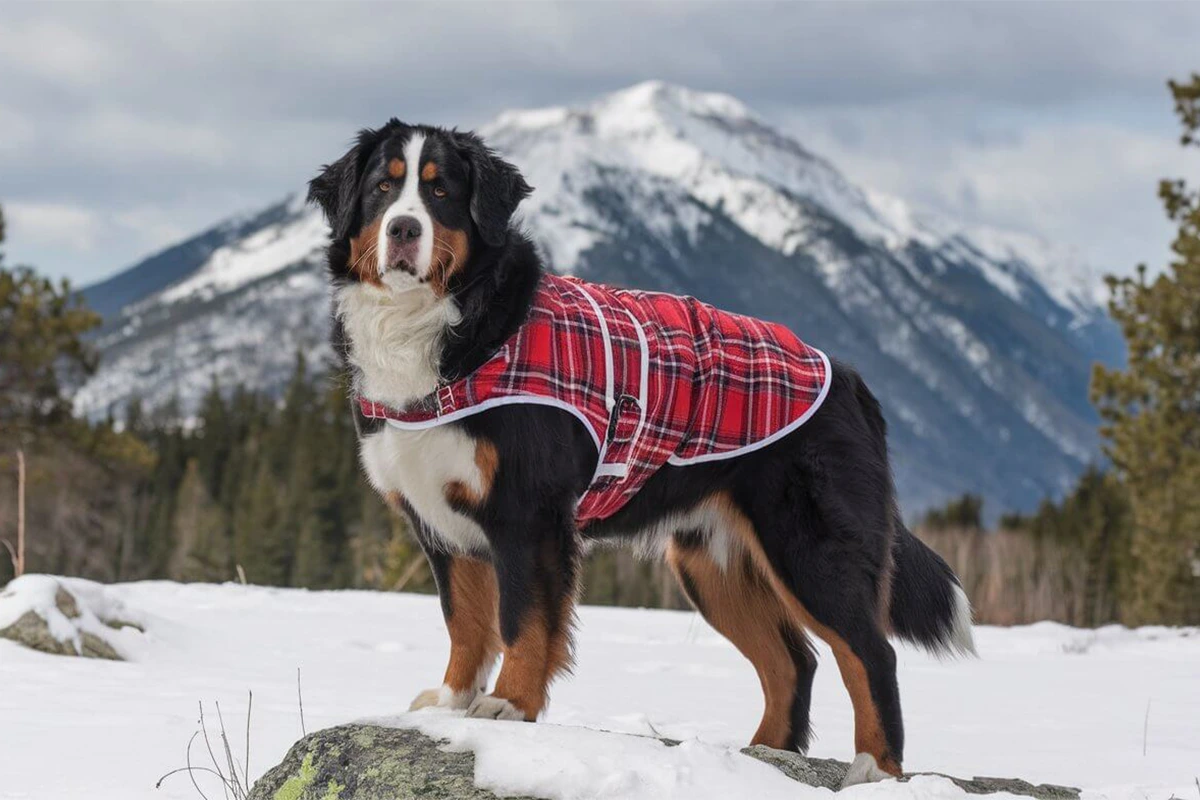 A Bernese Mountain Dog stands on a snow-covered rock in front of a mountain, wearing a red and black plaid coat.