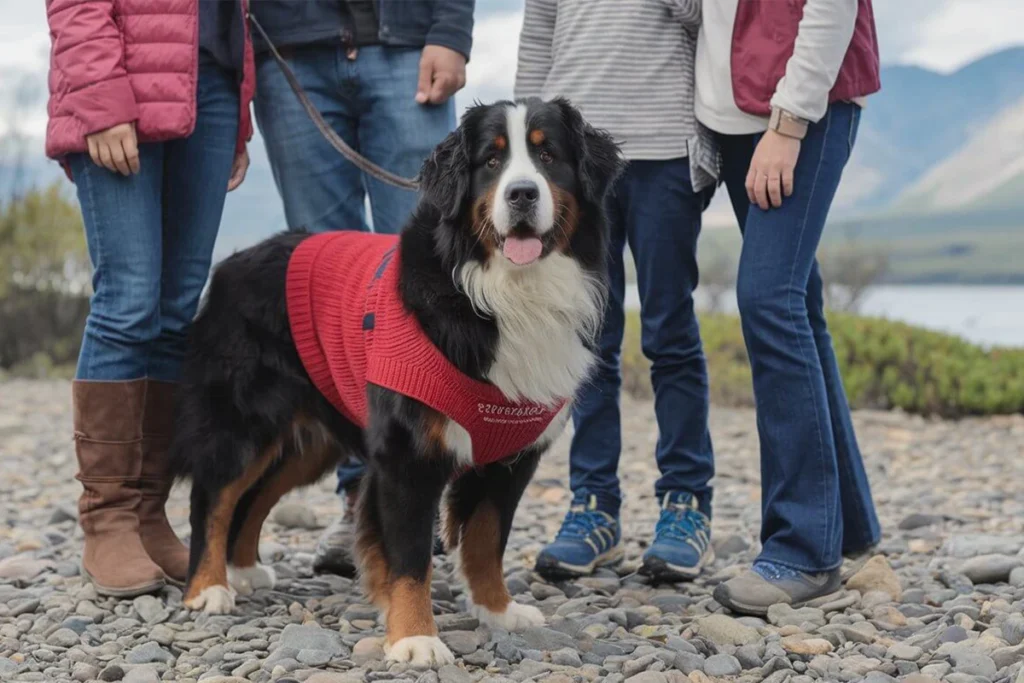 A Bernese Mountain Dog wearing a red sweater stands on a rocky shore, surrounded by four people.