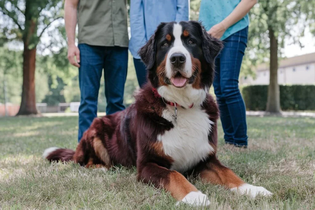 Dog lies in the grass, with three people standing in the background.