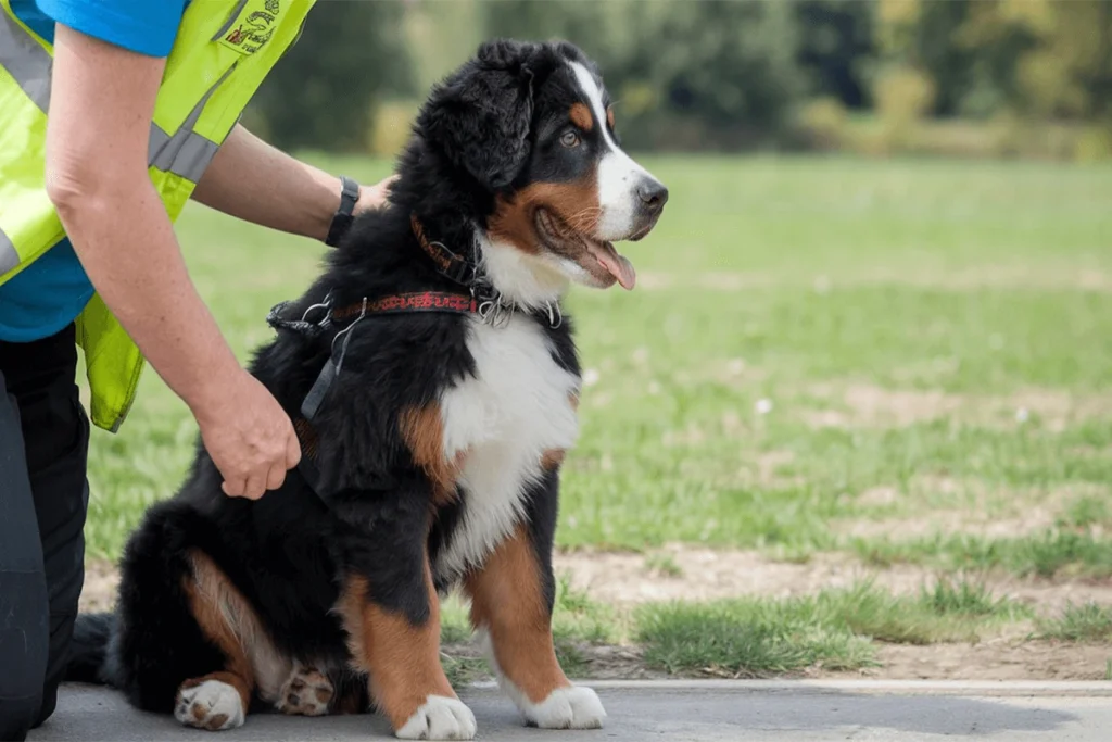  A Bernese Mountain Dog puppy being fitted with a harness by a person.