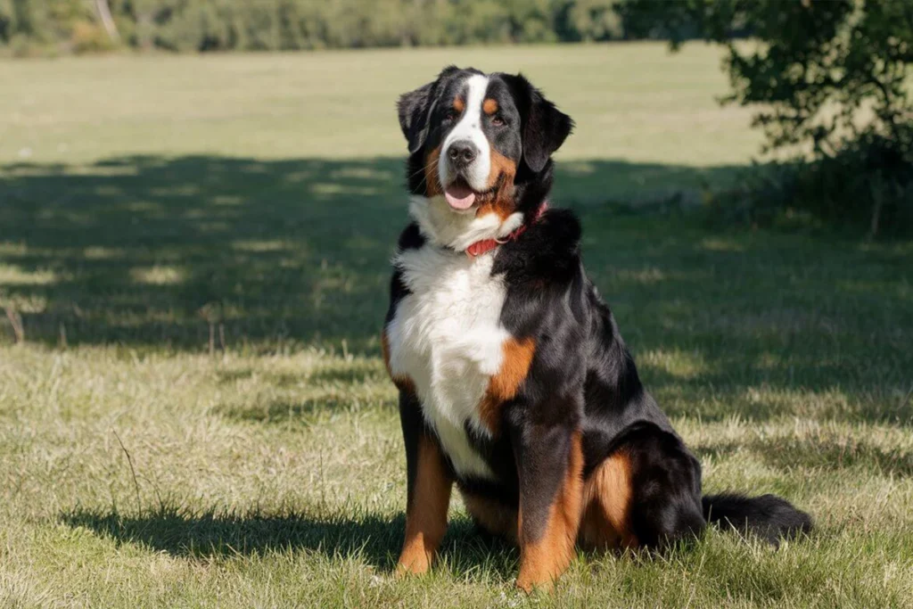 Dog sits on a sunny patch of grass.