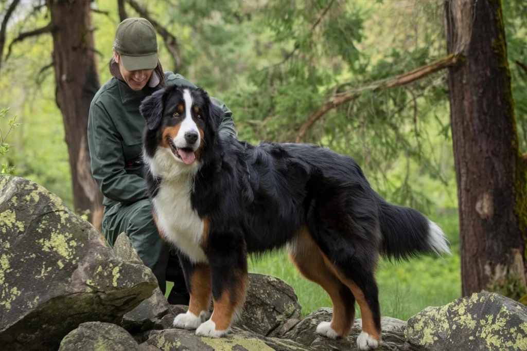  A Bernese Mountain Dog stands on a rocky area, next to a person with green attire.