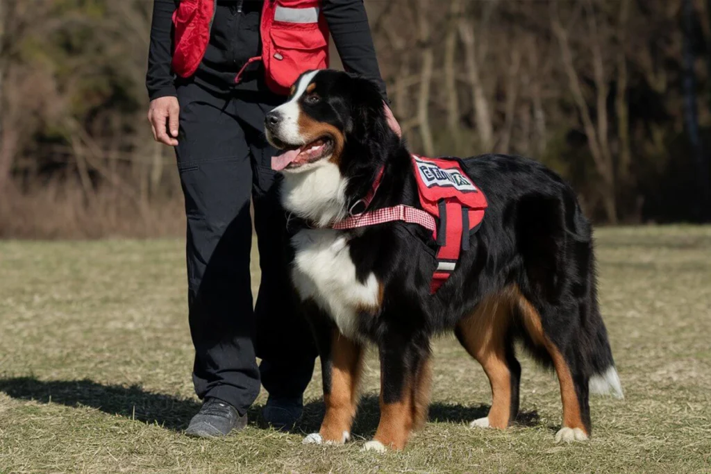  A Bernese Mountain Dog with a red vest stands next to a person.