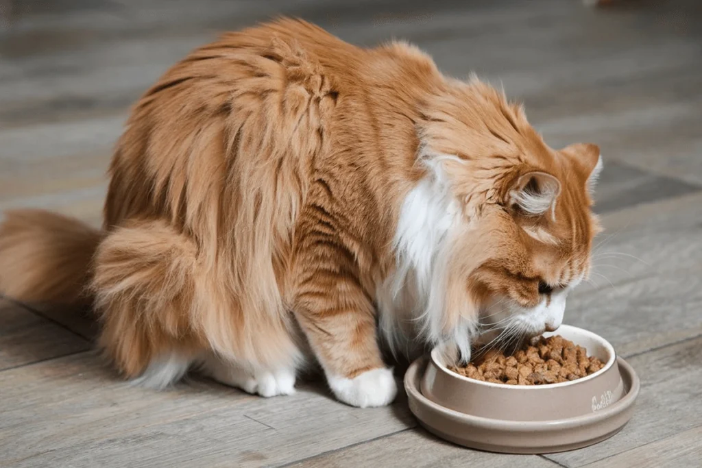  An orange cat eats food from a bowl on a wooden floor.