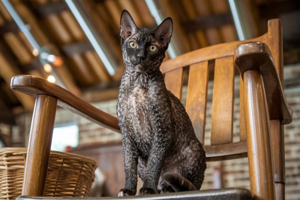 A full shot of a curly-haired black cat with light eyes sitting on a wooden chair facing the viewer with a slightly right-facing orientation. The chair has a wooden frame and appears to be in an interior setting.
what are the black cats names?