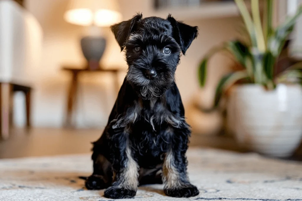 A close-up of a black and grey Miniature Schnauzer puppy sitting on a light-colored rug.