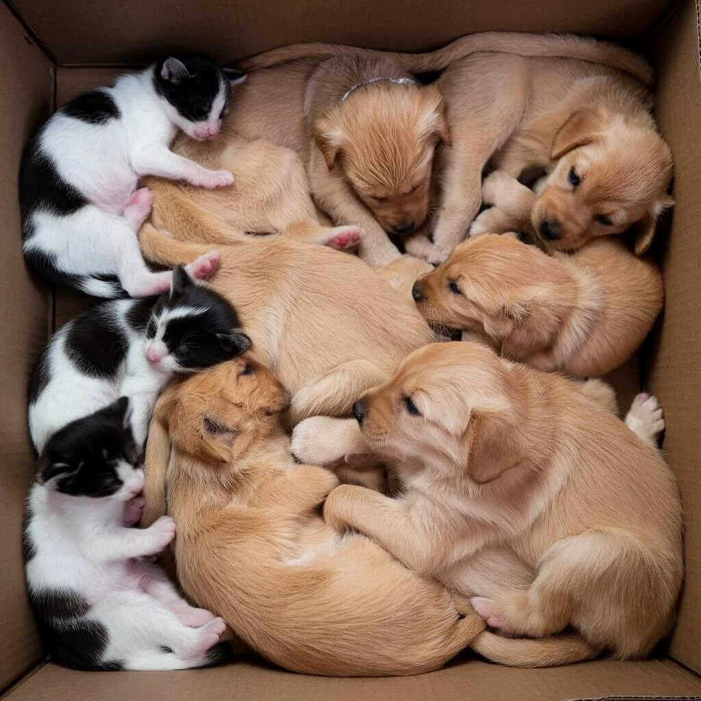 A cardboard box filled with golden retriever puppies and black and white kittens sleeping peacefully together. The puppies and kittens are curled up next to each other in the box.