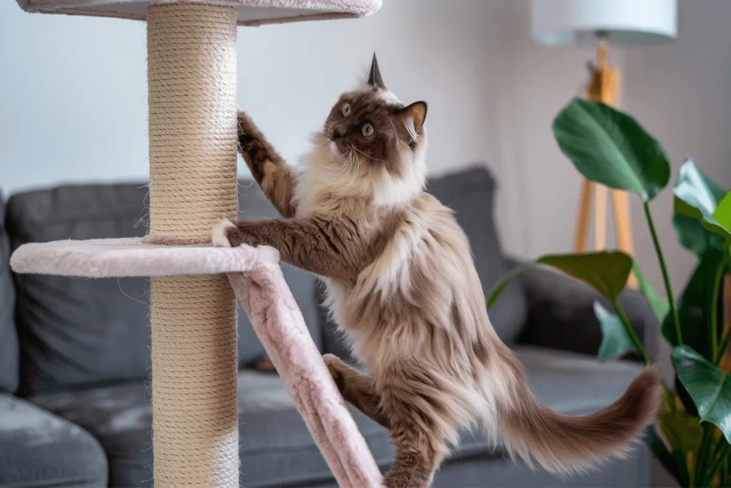 A brown Ragdoll cat climbs a cat tree, with its front paws on a pink platform and hind paws on a ramp.