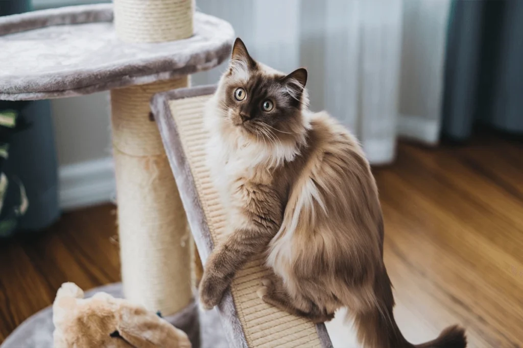 A brown Ragdoll cat sits on a ramp of a cat tree, looking at the camera.