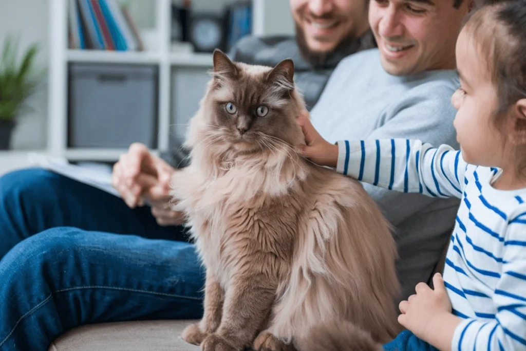  A brown Ragdoll cat sits on a couch being petted by a young child, with an adult also in the frame.