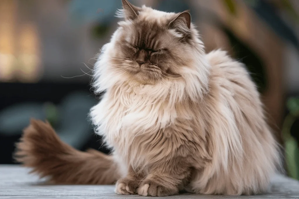 A cat sits with its eyes closed, looking peaceful.