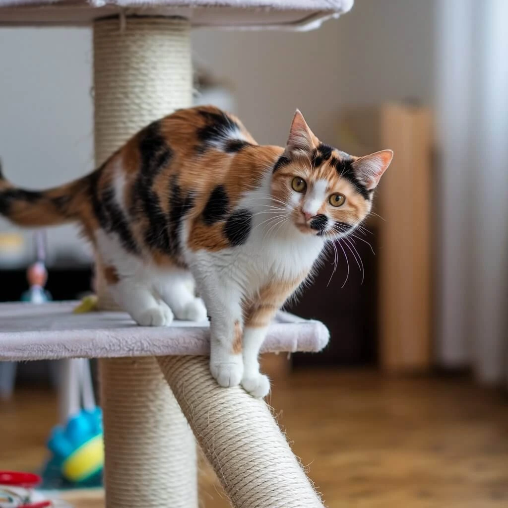 A calico cat climbing on a cat tree, looking curious and alert.