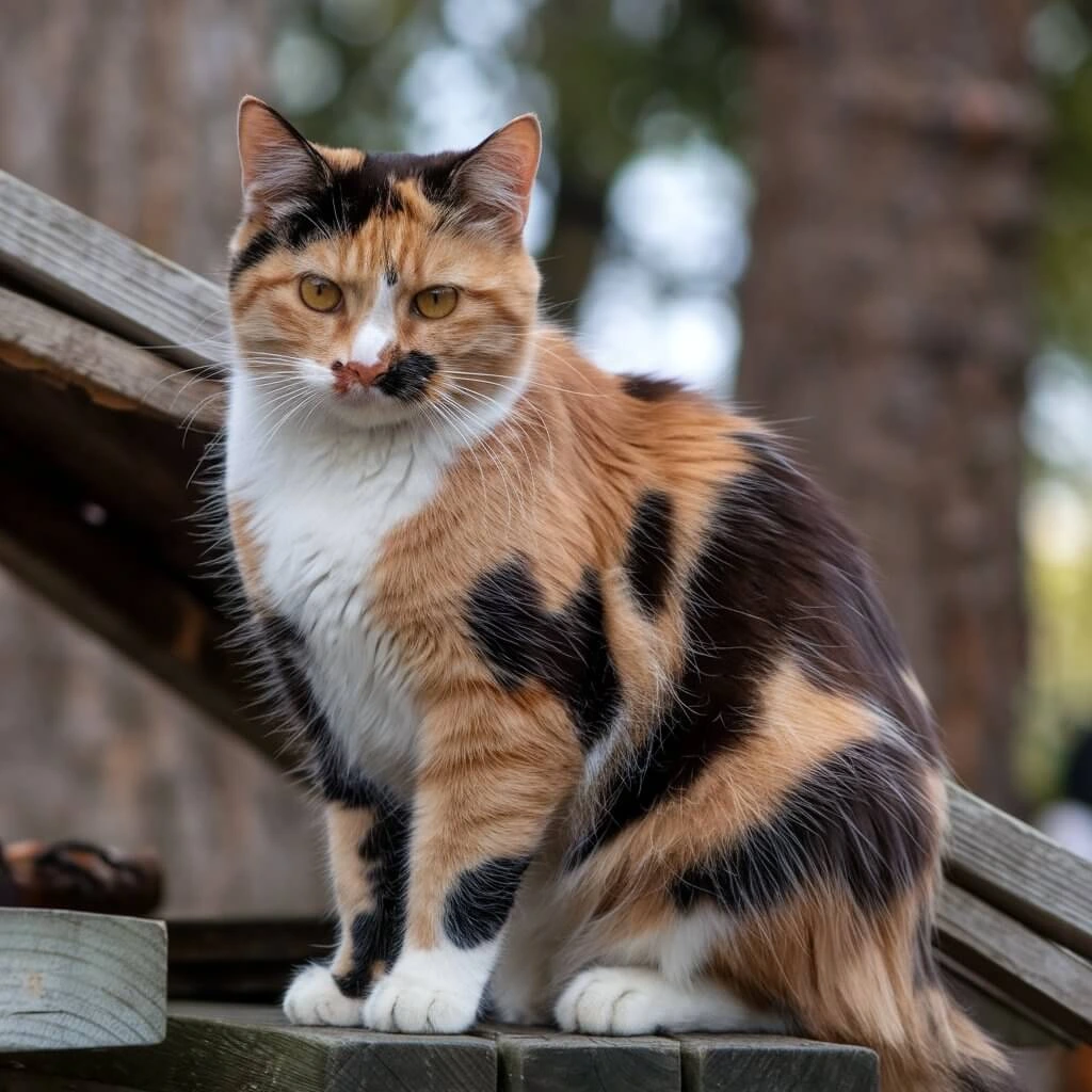 A cat sitting on a wooden surface outdoors with trees in the background.