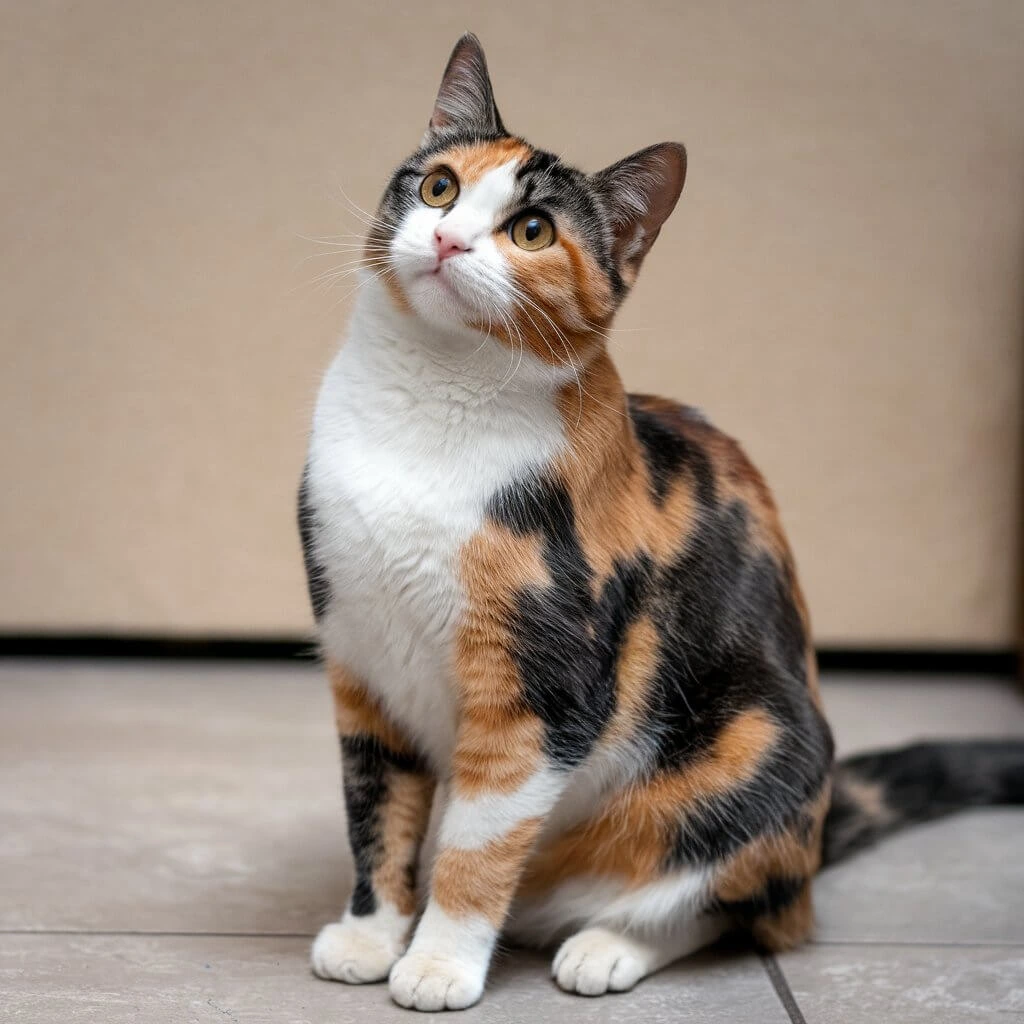 A calico cat sitting on a tiled floor, looking upward with a curious expression.