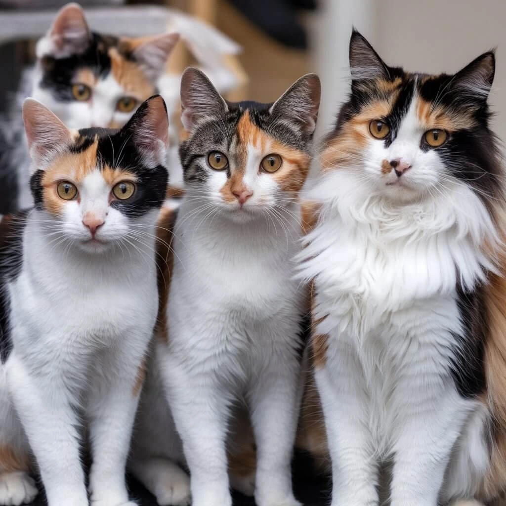 A group of four cats sitting closely together, each with distinct fur patterns and curious expressions.