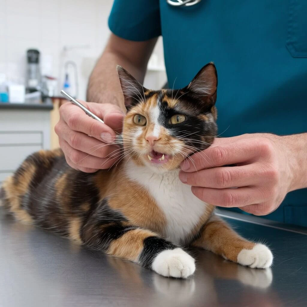 A cat being examined by a veterinarian, who is checking its mouth with a gentle hold and a dental tool.