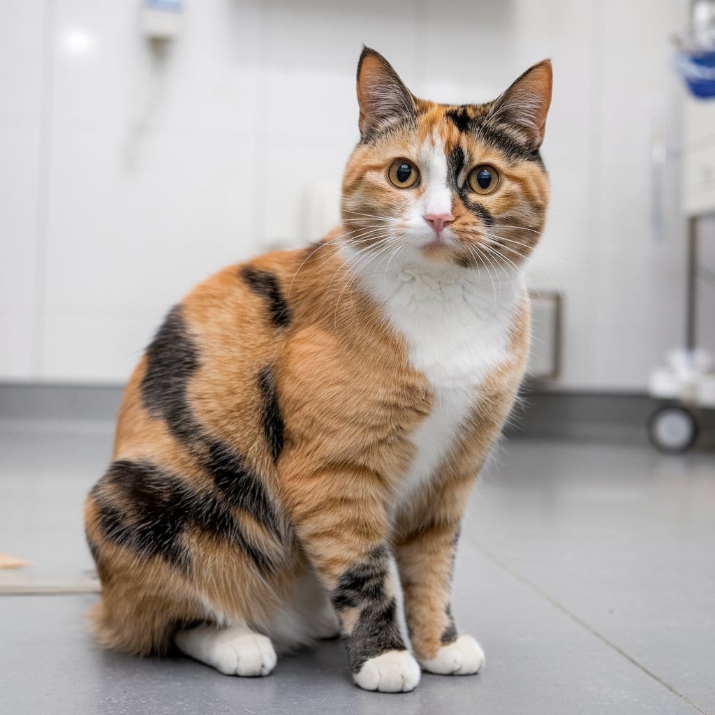 A calico cat with orange, black, and white fur sitting on a gray floor in a veterinary clinic.