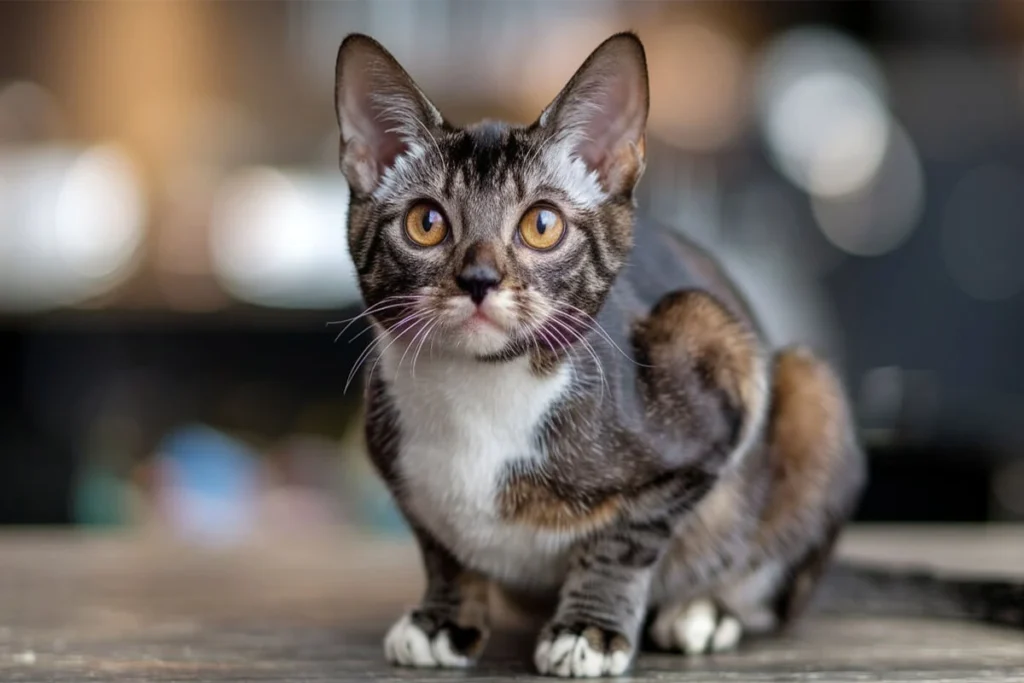 A brown and white tabby cat with large golden eyes sitting on a wooden surface, with a blurred background.