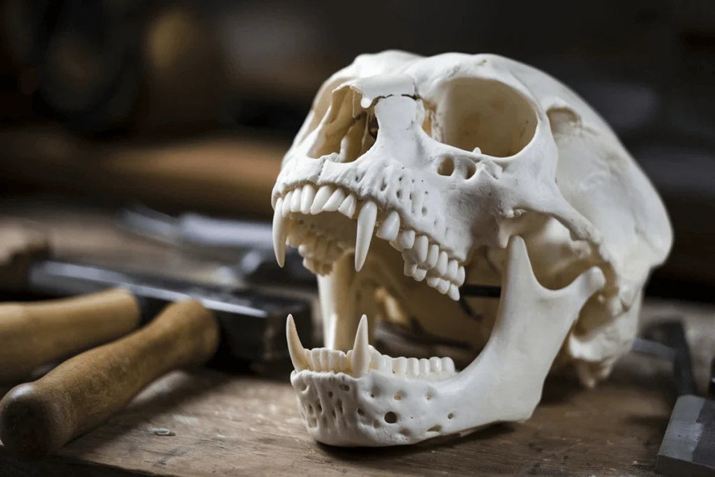 An animal skull with an open jaw rests on a workbench alongside various tools.