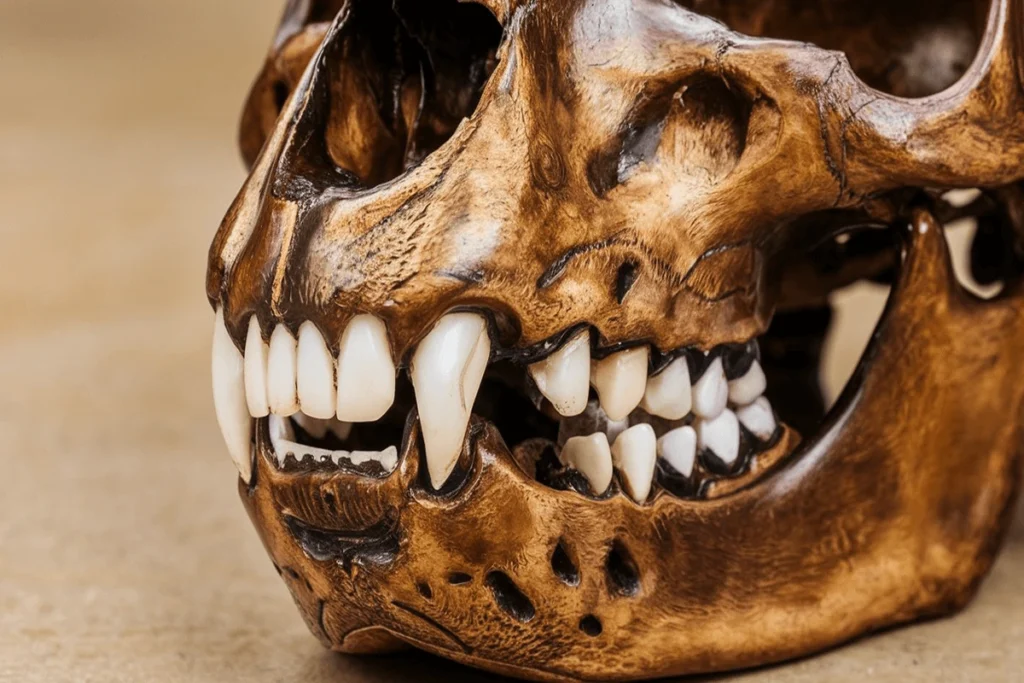 A close-up, detailed shot of an animal skull’s teeth and jaw, showcasing the textures and intricacies of bone structure.