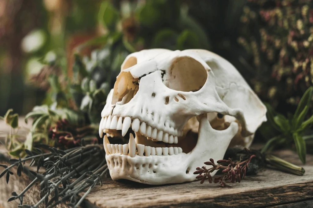 An animal skull with an open jaw, surrounded by foliage and placed on weathered wood.