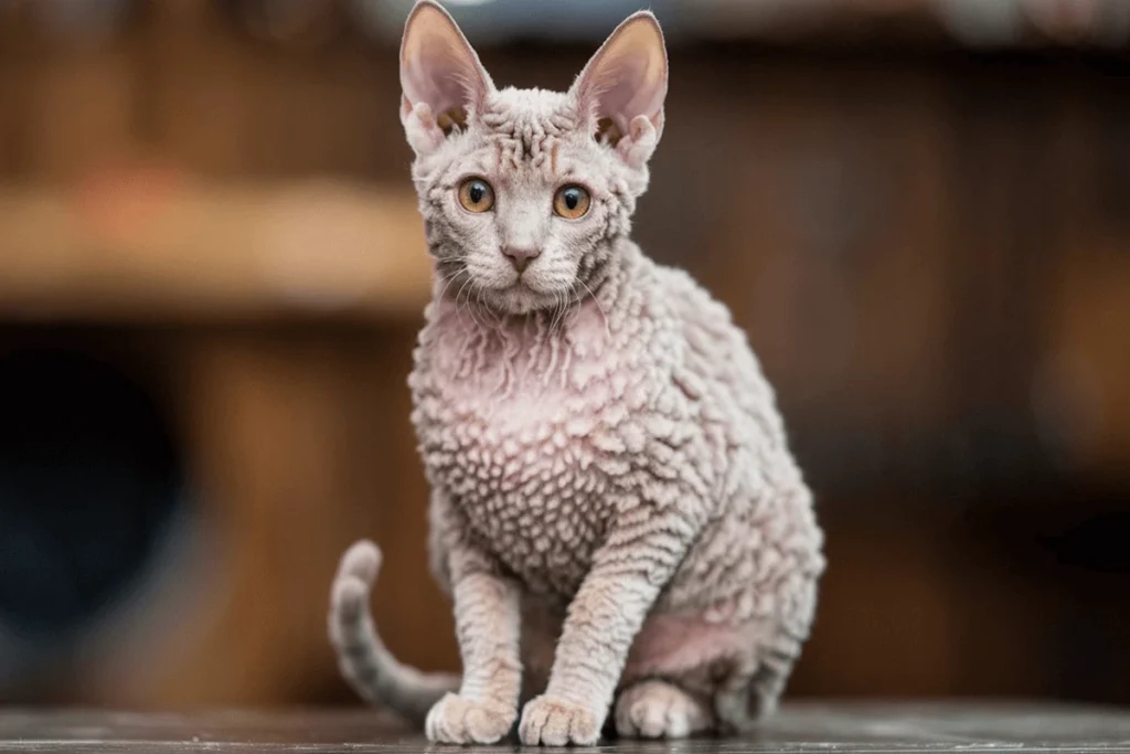 A light grey cornish Rex cat with curly fur, sitting on a dark surface one of the best Hypoallergenic Cats