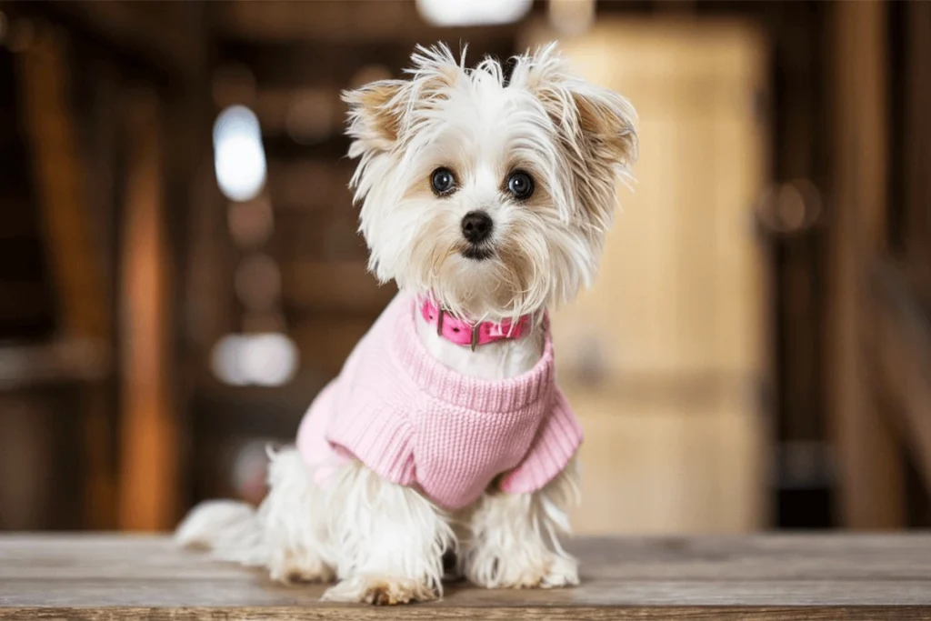 A small white dog with a pink sweater and pink collar sitting on a wooden surface