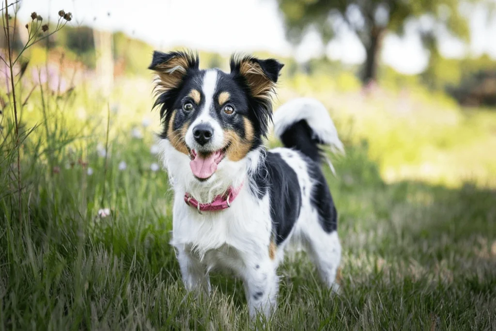 A medium-sized Female Dog with black, white and brown fur and a pink collar standing in a grassy field