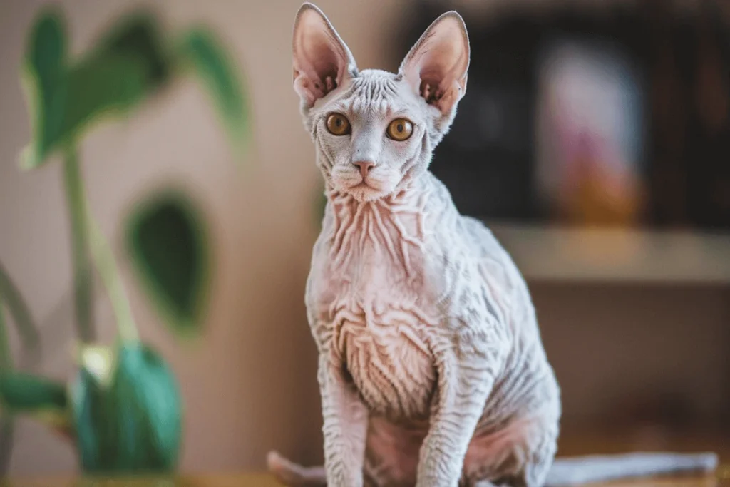 A light grey devon Rex cat with yellow eyes sitting on a table with a plant in the background one of the best Hypoallergenic Cats