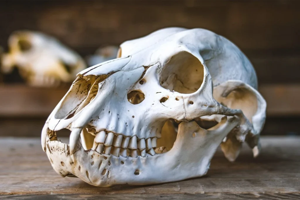 A view of a dog skull resting on a wooden surface, set against a blurred background. The skull is marked by age and natural wear.