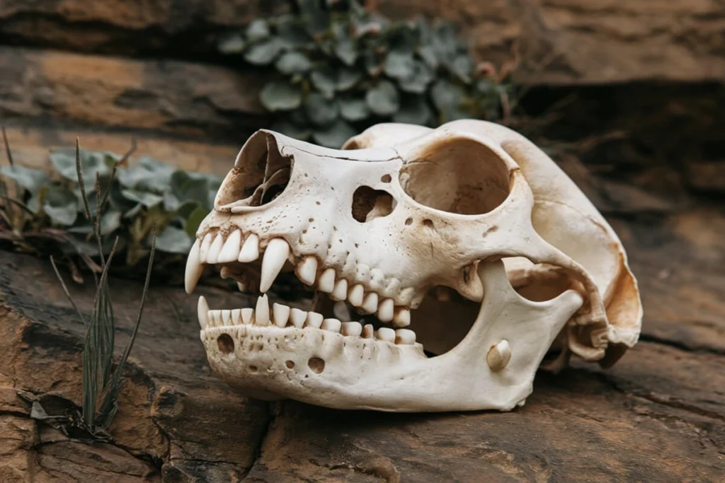 A dog skull positioned on a rocky surface with a background of greenery. The skull features prominent canines and detailed eye sockets.