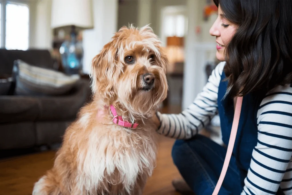 A medium-sized light brown Female Dog with a pink collar sits next to a woman petting it