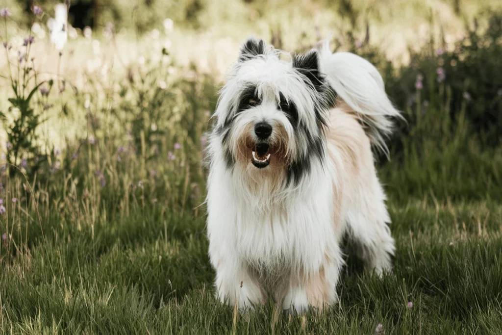 A medium-sized white and black Female Dog with a big tail, standing in a grassy field