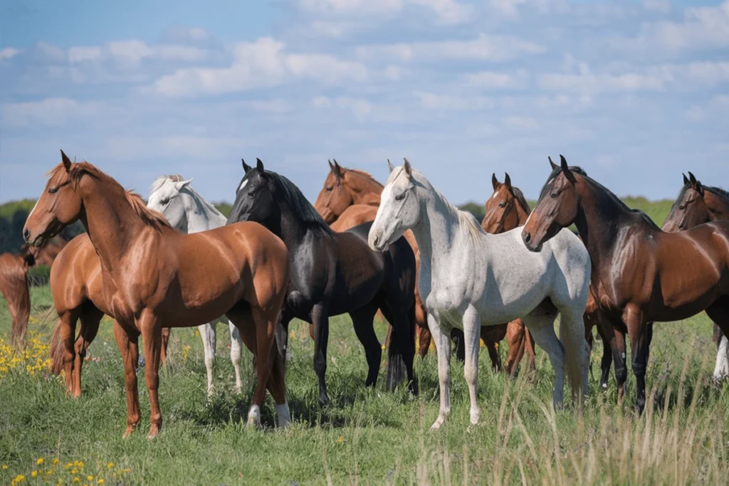 A group of horses of different colors standing in a field.