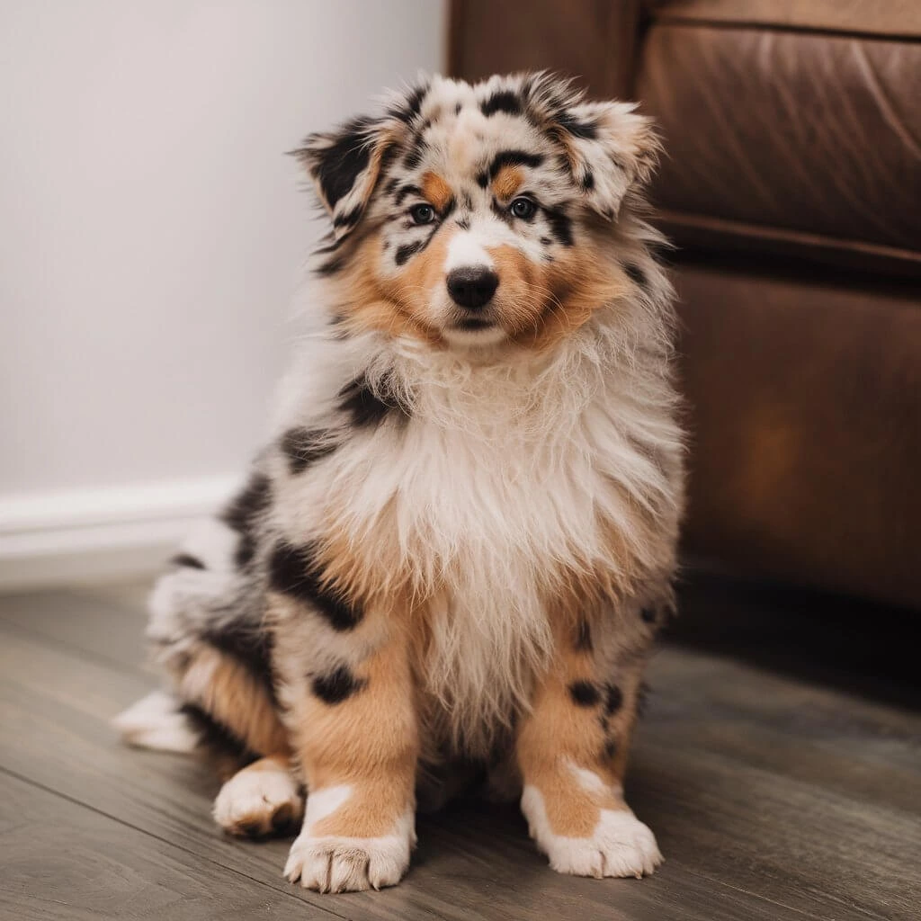 An Australian Shepherd puppy with a fluffy merle coat sitting indoors on a wooden floor next to a leather couch.