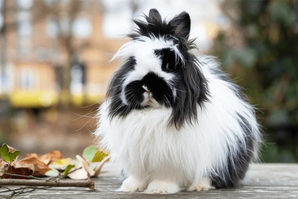  A fluffy rabbit with dark markings on it's face is sitting on a wooden surface.