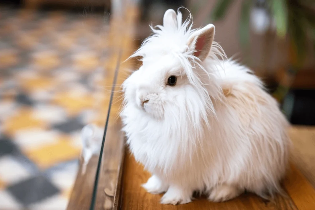  A fluffy white rabbit looks out a window wondering about Names for Rabbits