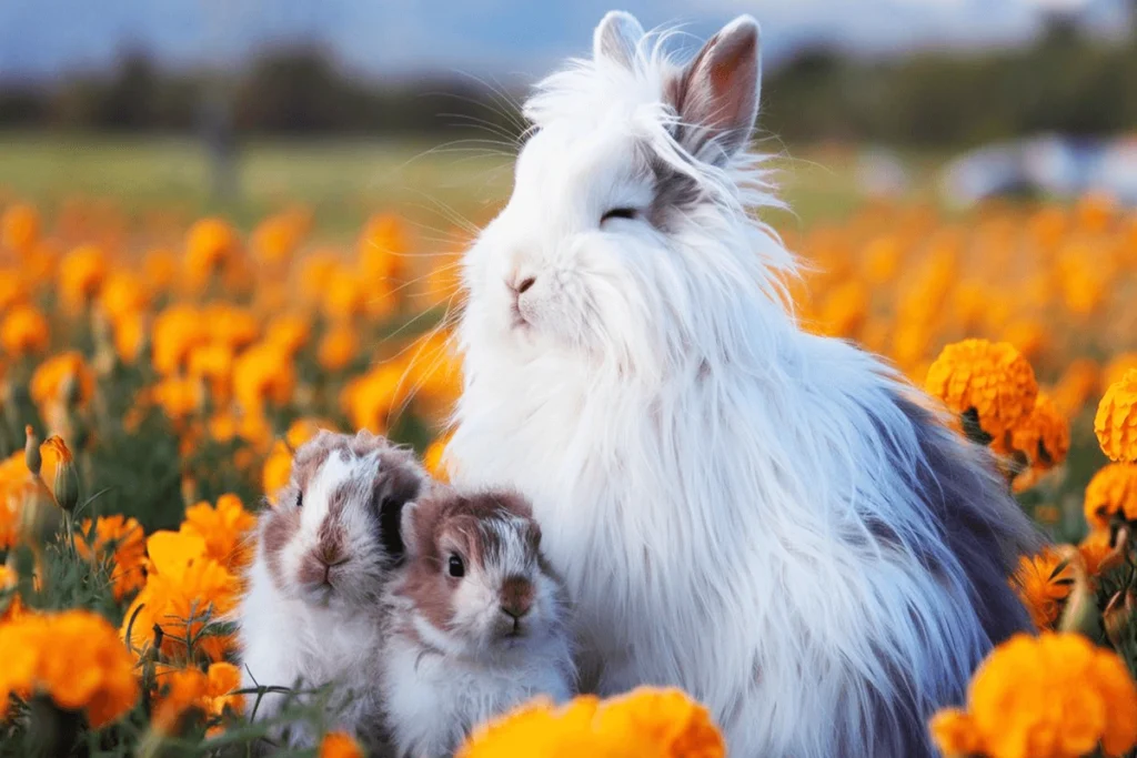 A white fluffy English Angora rabbit sits in a field of orange marigolds with two small brown and white baby rabbits nestled beside her.