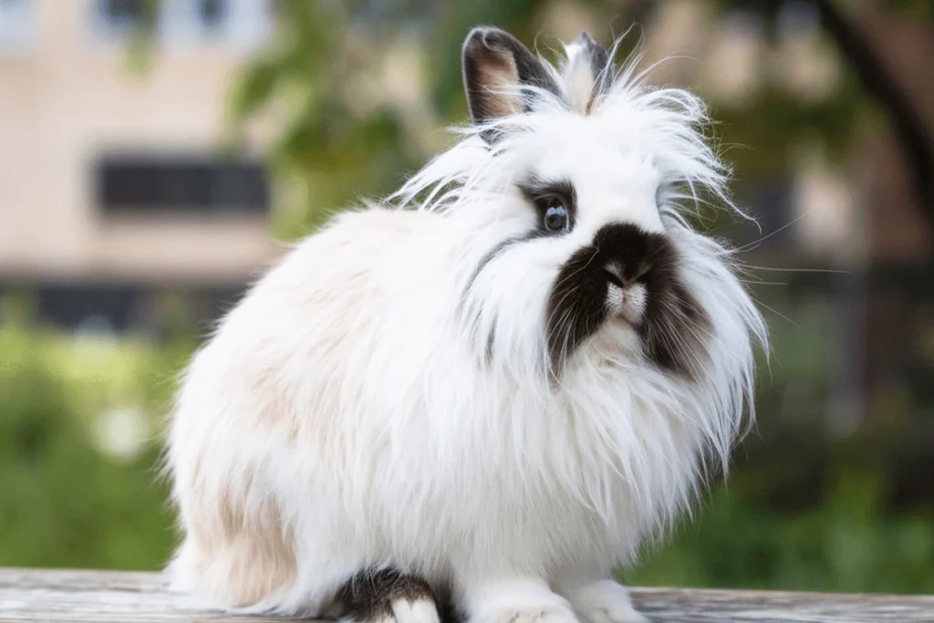 A fluffy white English Angora rabbit with a dark brown muzzle stands on a wooden surface.