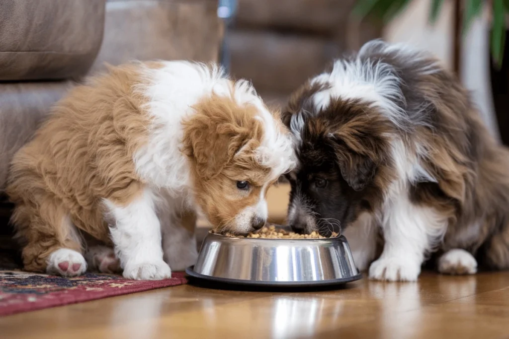 Two light brown and white puppies eating from a silver bowl on a wooden floor.