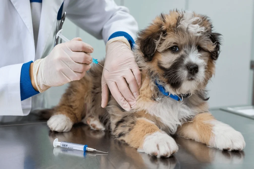 A veterinarian giving a vaccine to a light brown and white puppy on an examination table.