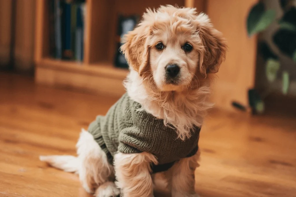 A light brown Golden Retriever puppy wearing a green sweater sitting on a wooden floor.