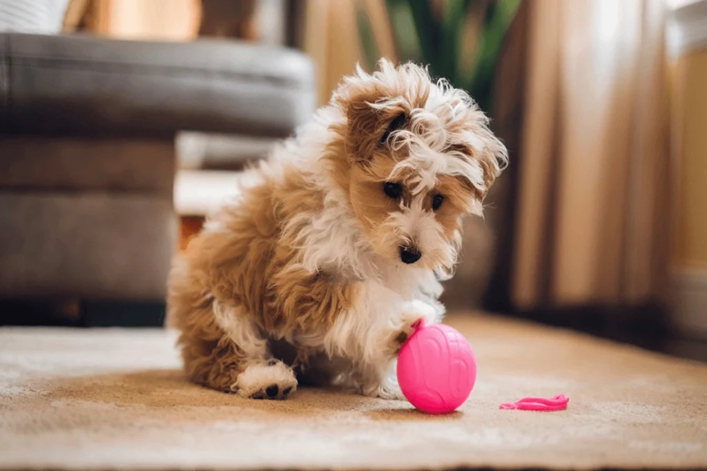 A small white and light brown puppy playing with a pink ball on a light-colored rug.