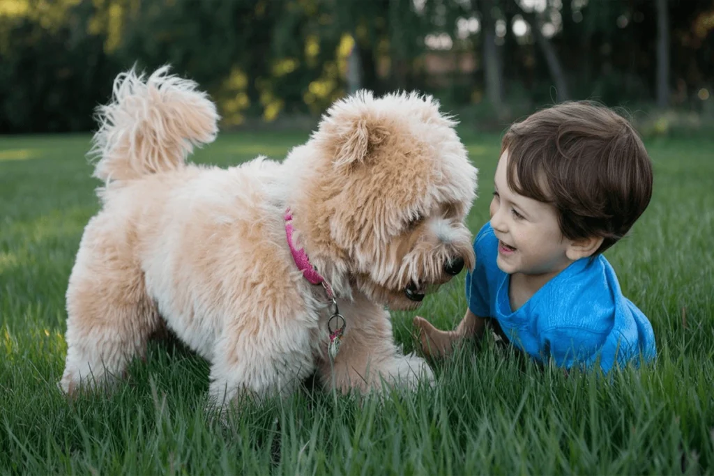 A child and a fluffy light-brown teddy bear dog are looking at each other while sitting in the grass.